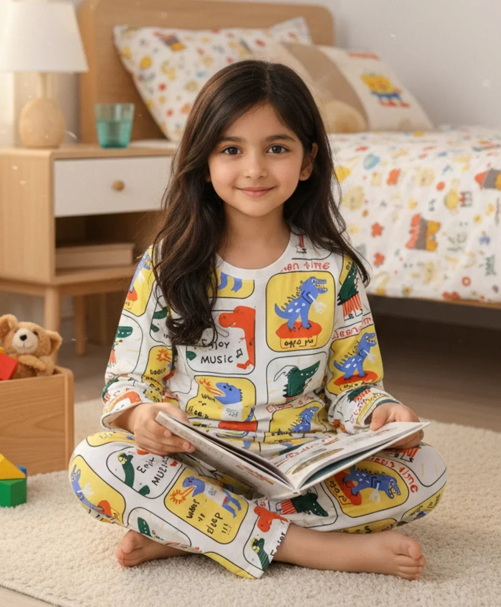 DINOSAUR STAMP GILRS LONG SLEEVE PYJAMA SET - WHITE