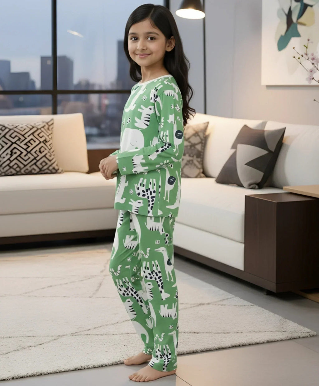 ANIMAL GREEN GIRLS LONG SLEEVE PYJAMA SET - GREEN