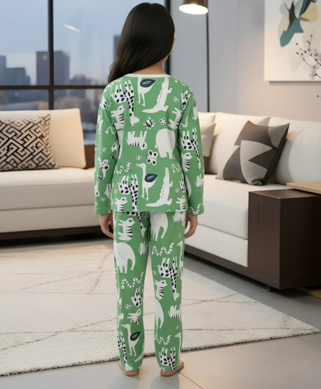 ANIMAL GREEN GIRLS LONG SLEEVE PYJAMA SET - GREEN