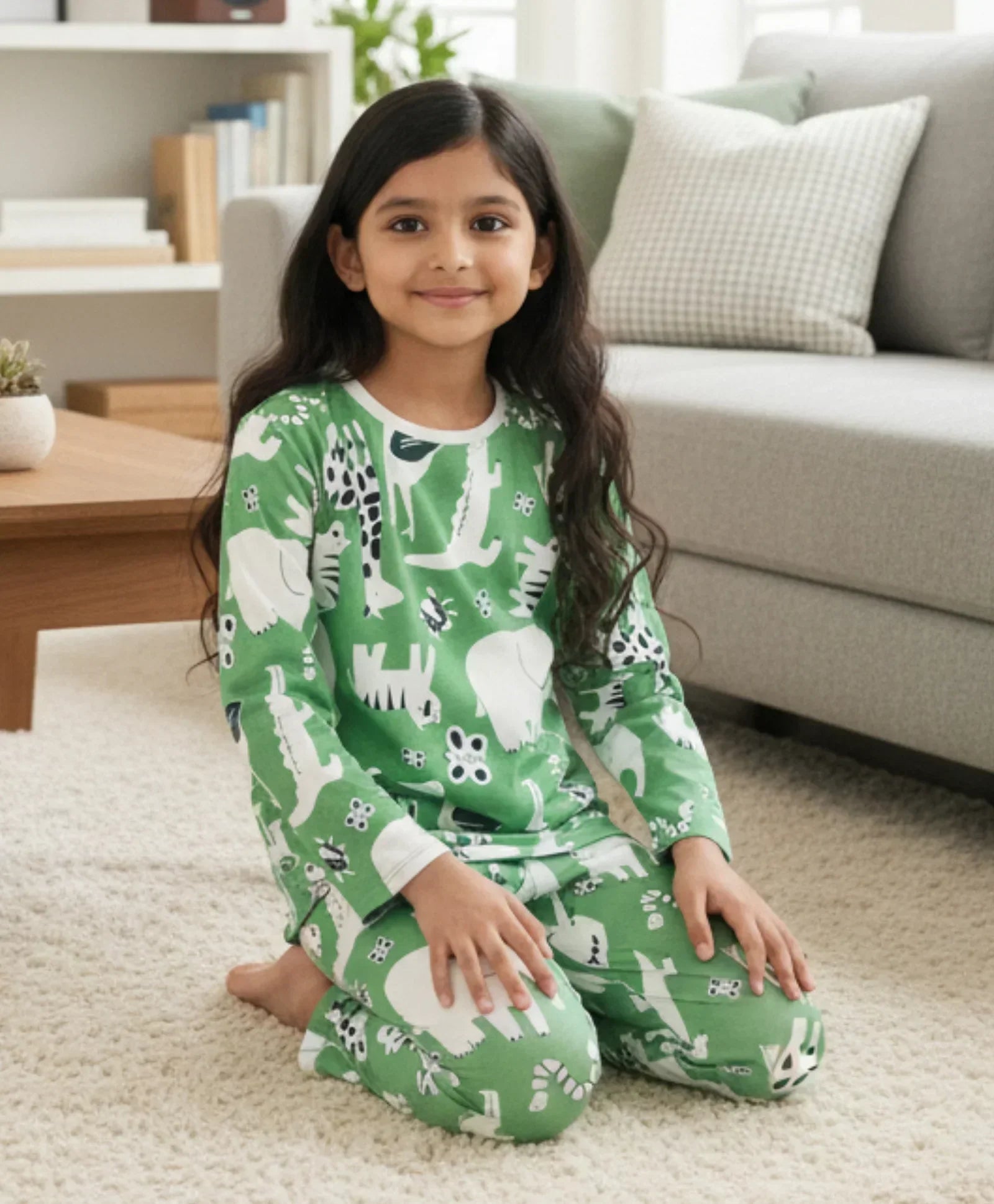 ANIMAL GREEN GIRLS LONG SLEEVE PYJAMA SET - GREEN