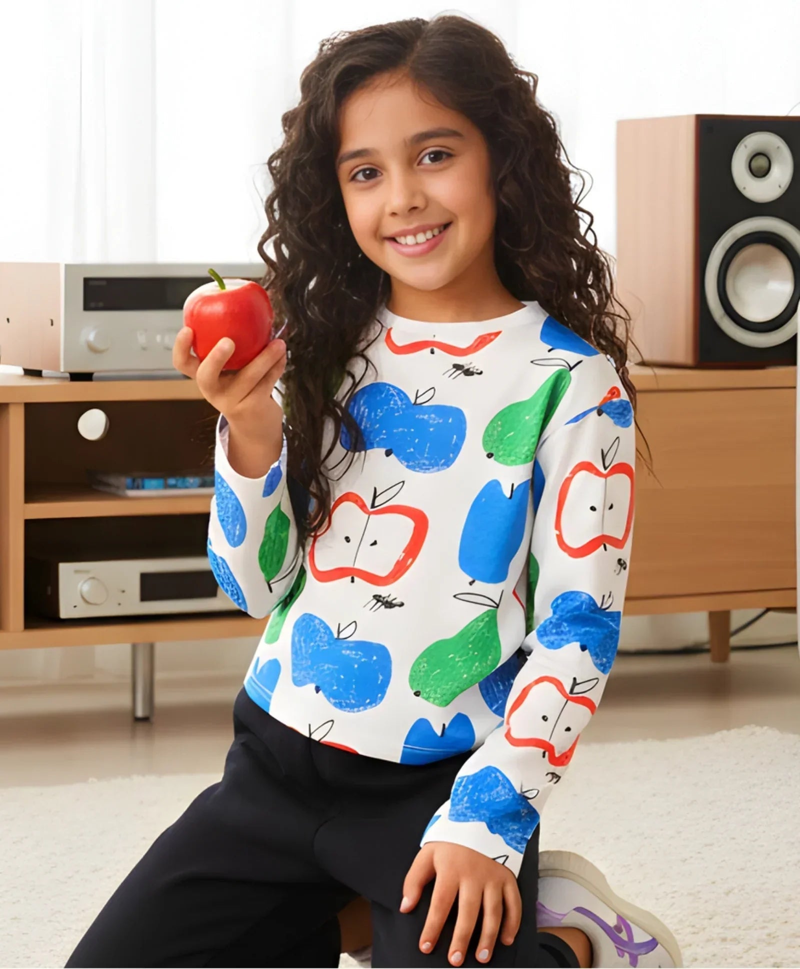 APPLE PEAR LONG SLEEVE GIRLS T-SHIRT - WHITE