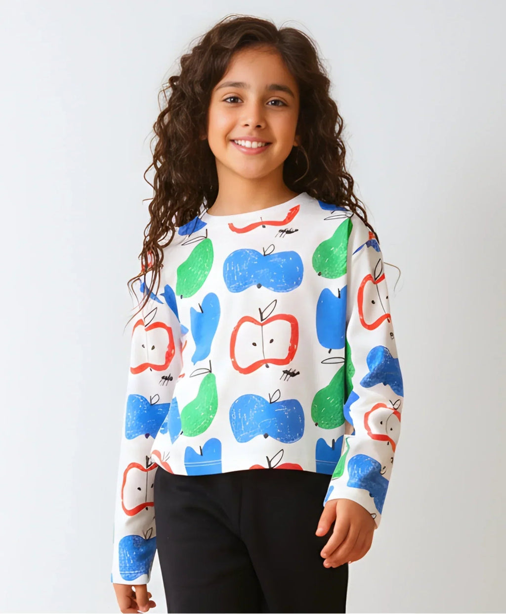 APPLE PEAR LONG SLEEVE GIRLS T-SHIRT - WHITE
