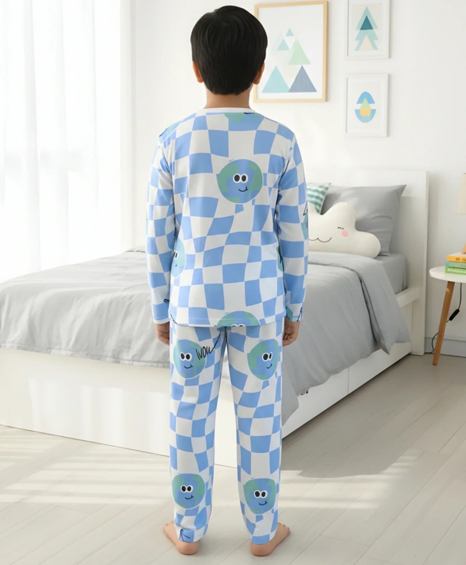 GLOBE CHECK LONG SLEEVE PYJAMA  SET - BLUE