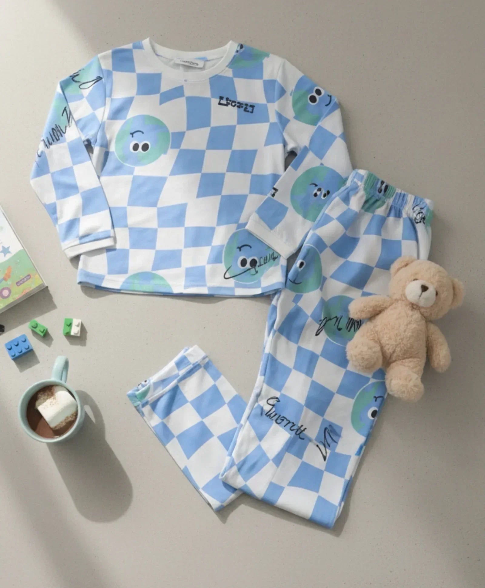 GLOBE CHECK LONG SLEEVE PYJAMA  SET - BLUE
