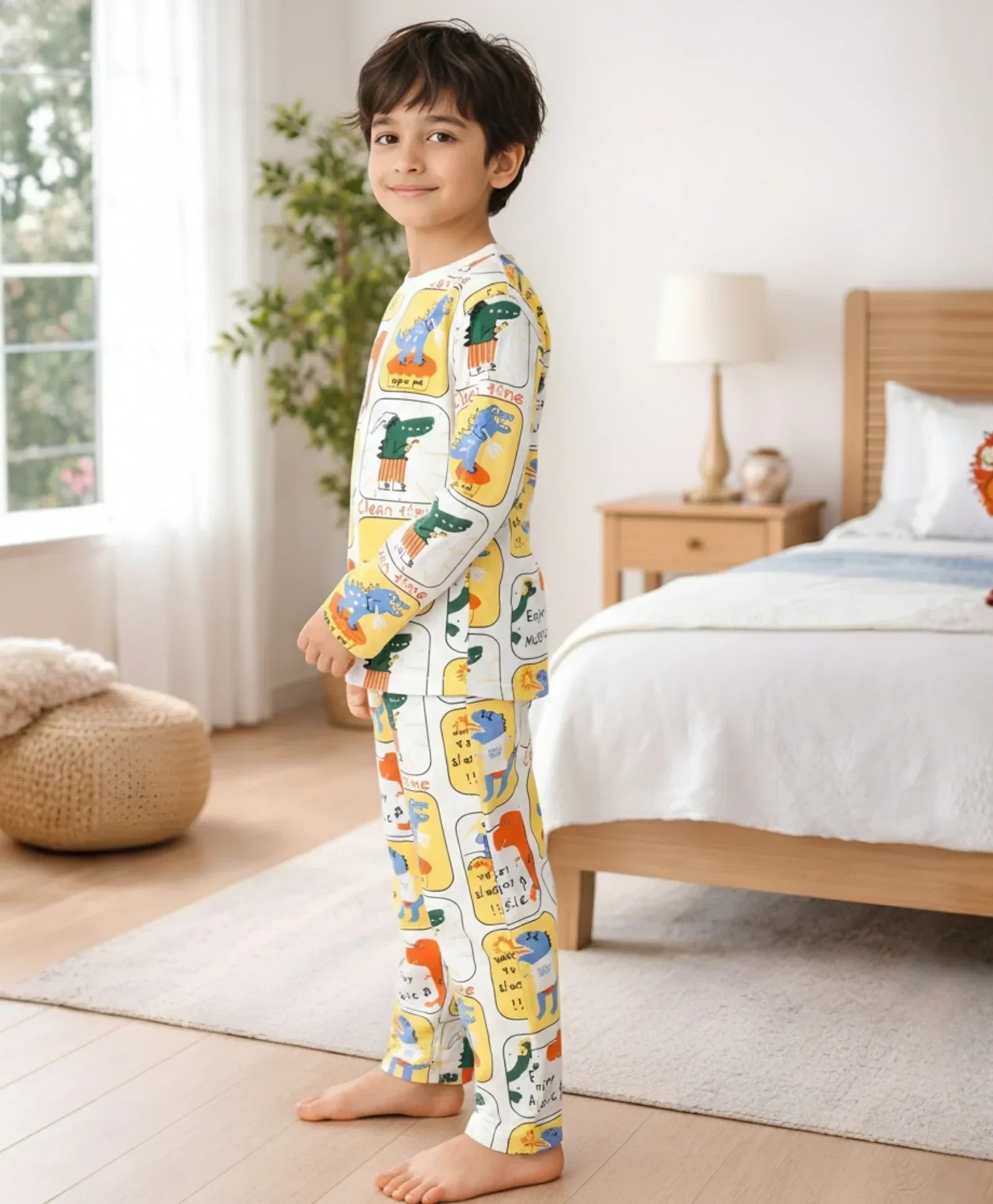 DINOSAUR STAMP LONG SLEEVE PYJAMA SET -WHITE