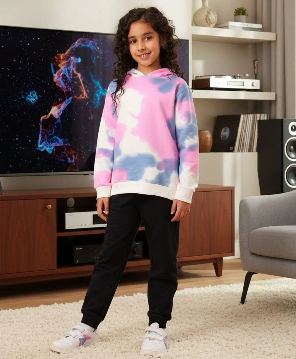 BLUE PINK TIE DYE FLEECE GIRLS HOODIE BLACK JOGGER SET - WHITE / BLACK