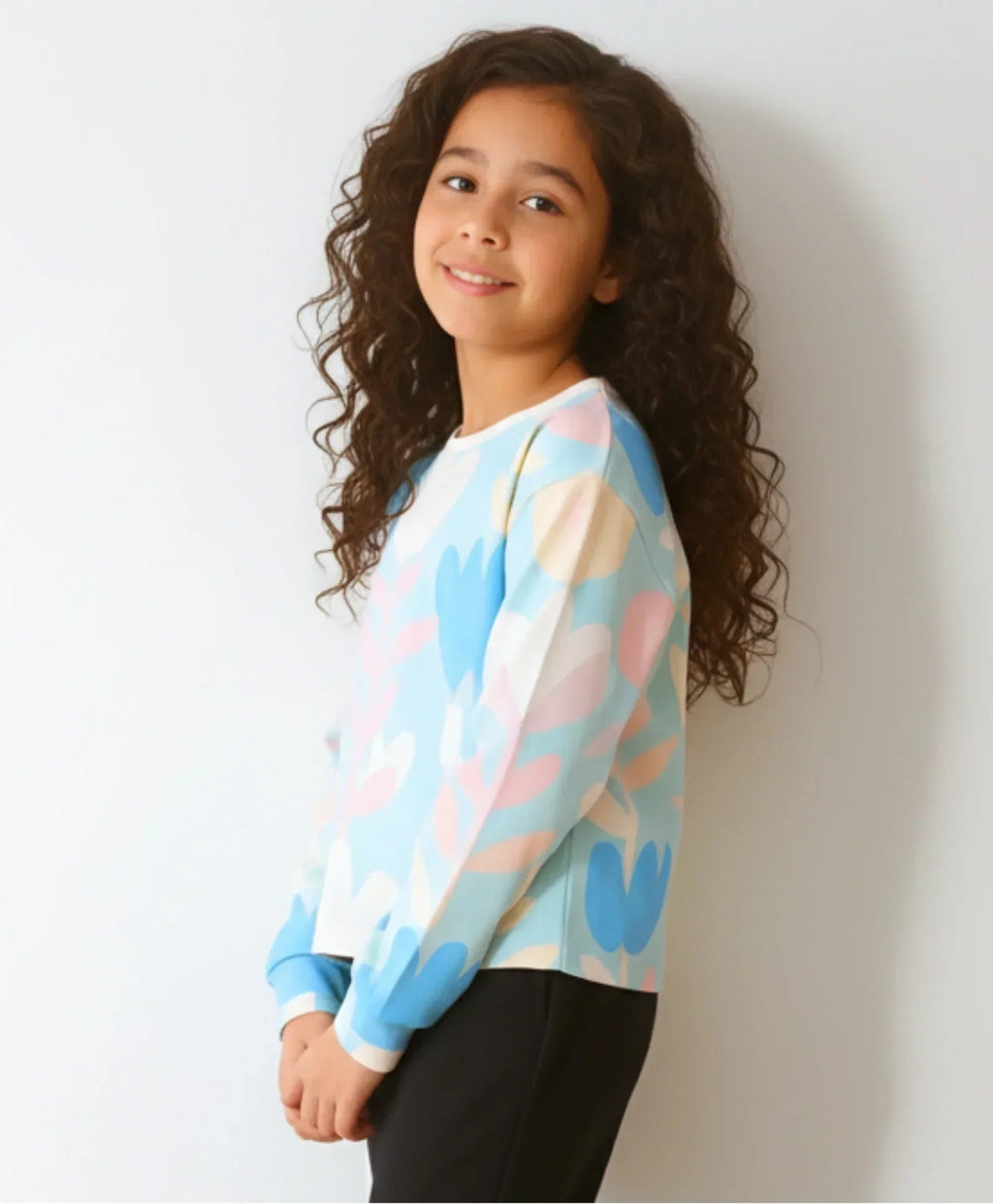 AQUA FLOWER LONG SLEEVE GIRLS T-SHIRT - AQUA