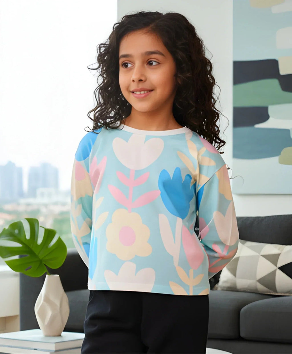 AQUA FLOWER LONG SLEEVE GIRLS T-SHIRT - AQUA
