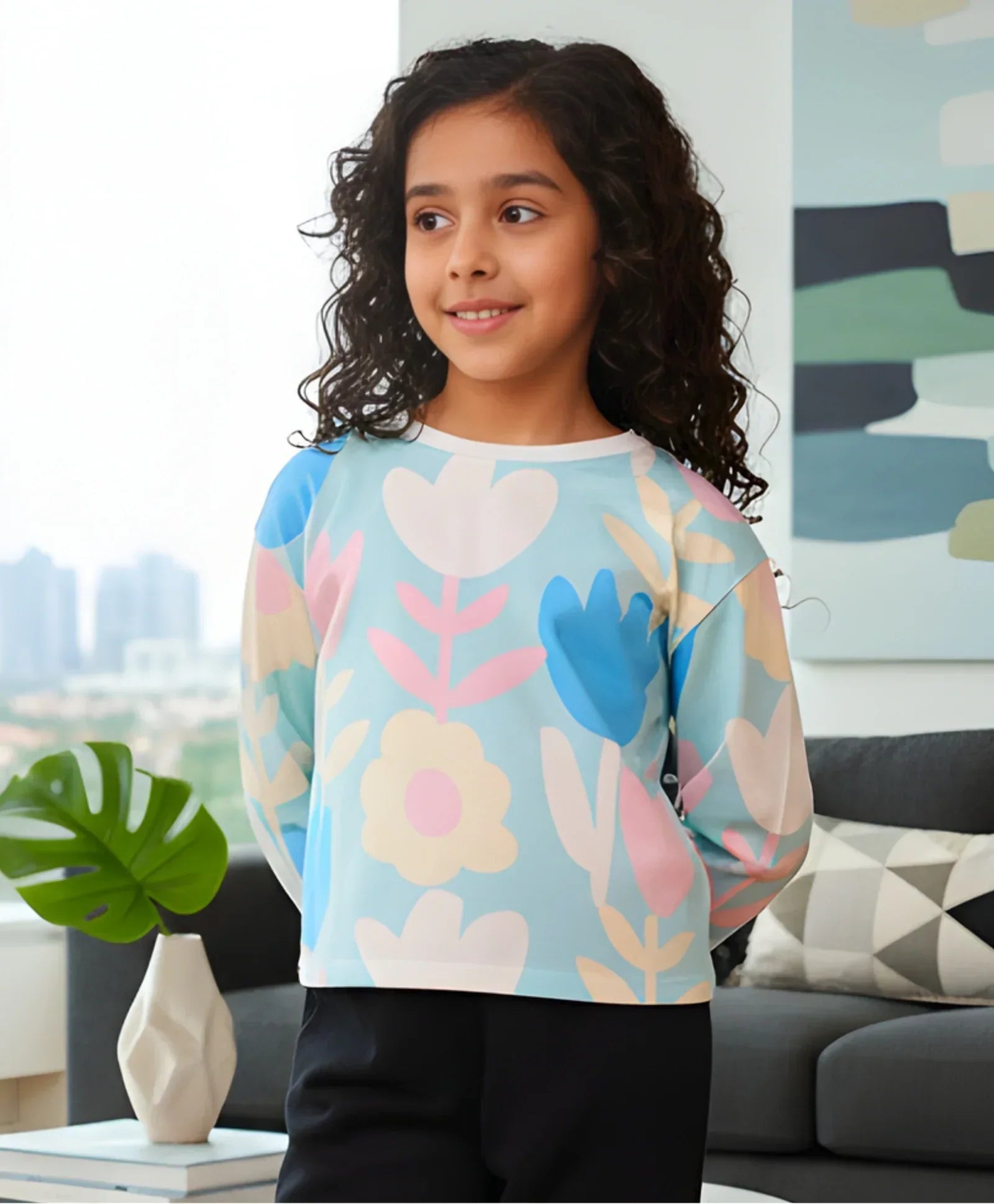 AQUA FLOWER LONG SLEEVE GIRLS T-SHIRT - AQUA