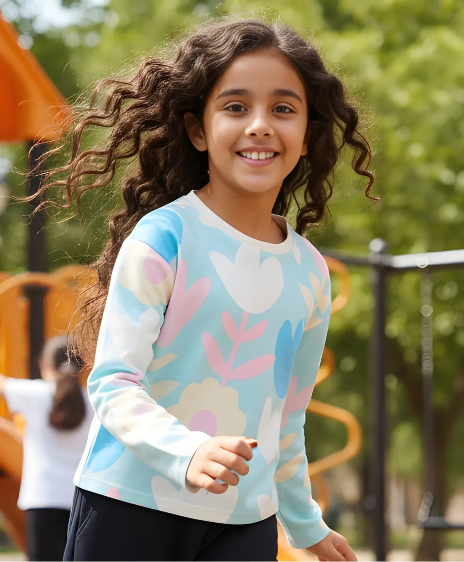 AQUA FLOWER LONG SLEEVE GIRLS T-SHIRT - AQUA