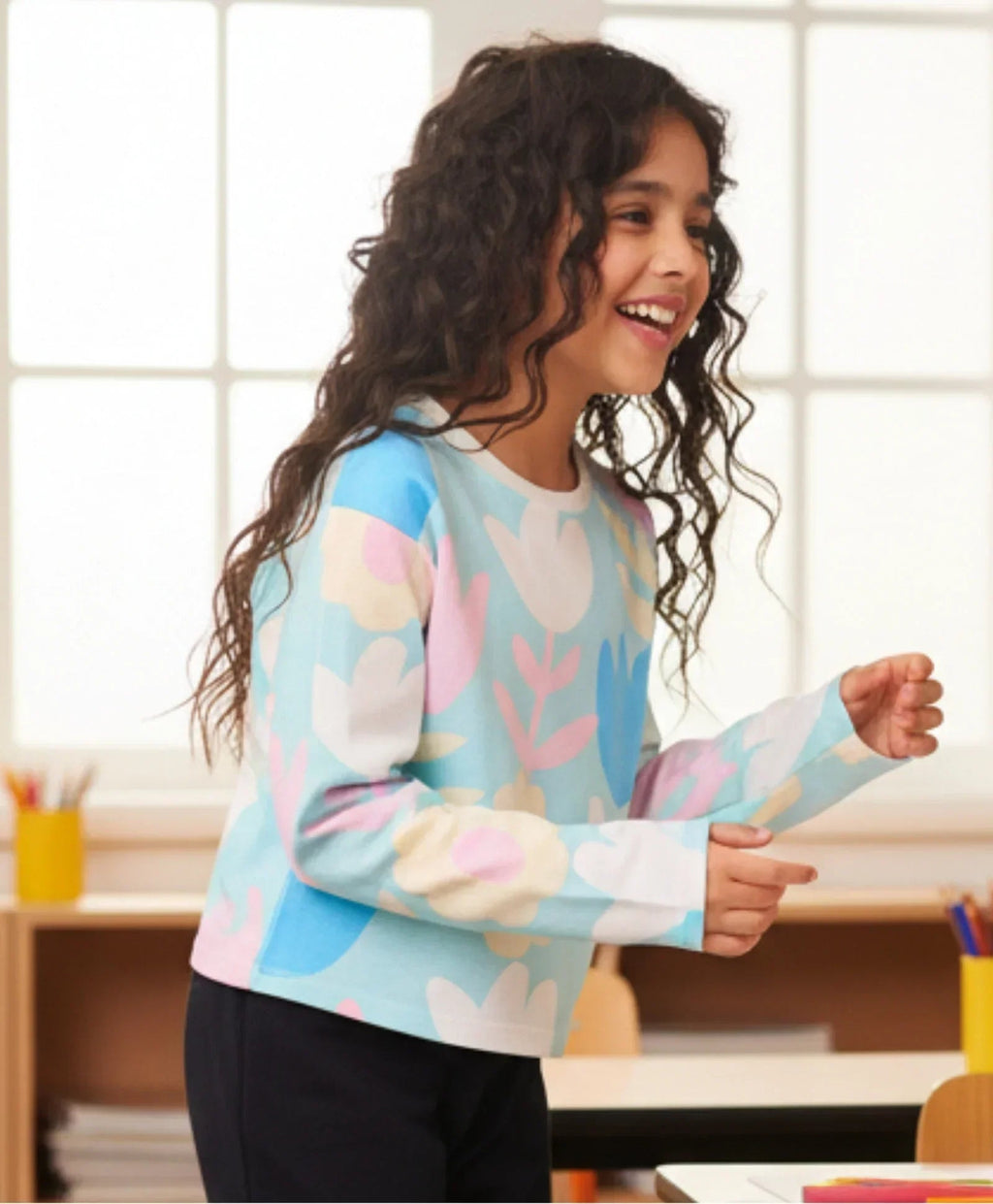 AQUA FLOWER LONG SLEEVE GIRLS T-SHIRT - AQUA
