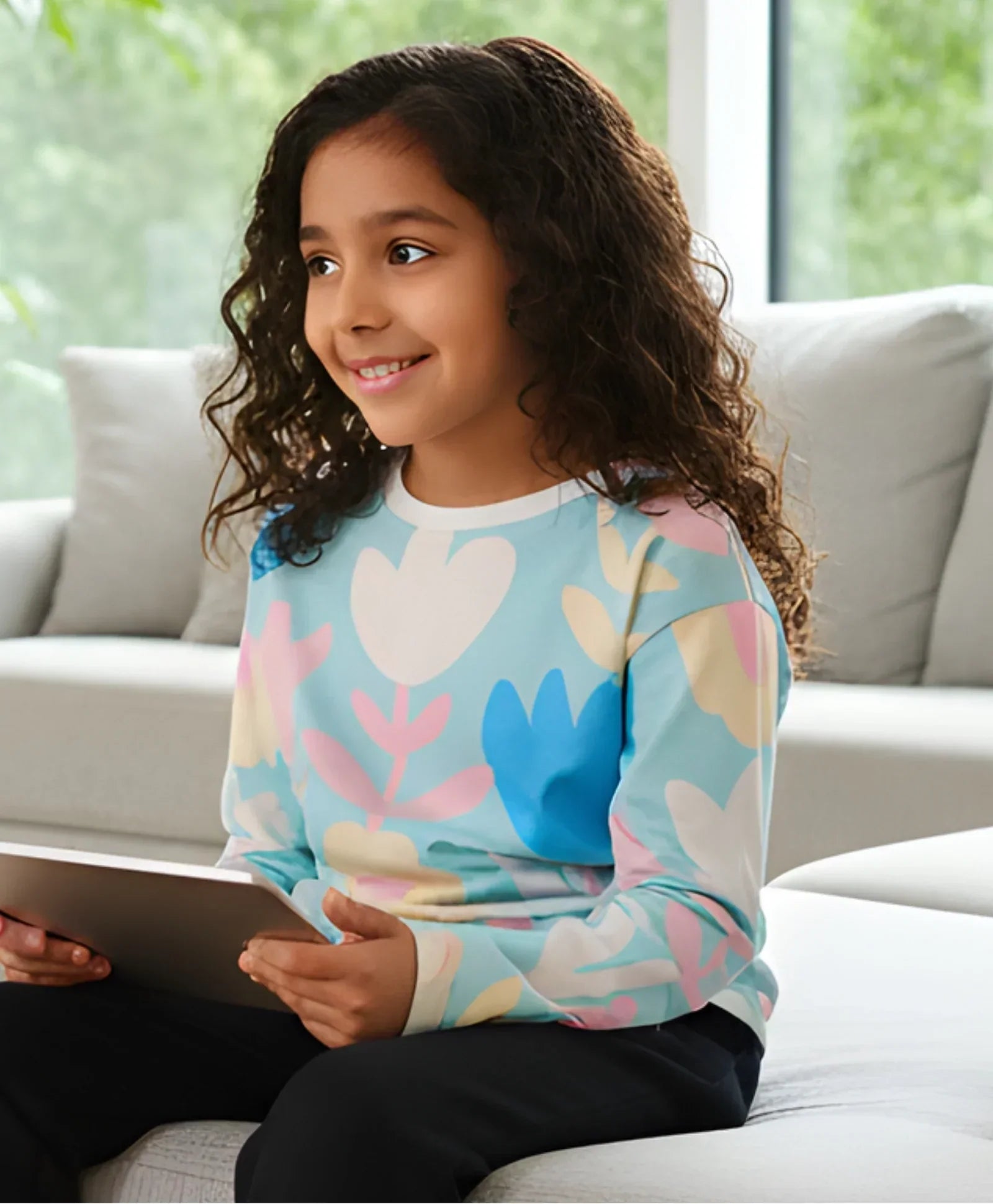 AQUA FLOWER LONG SLEEVE GIRLS T-SHIRT - AQUA