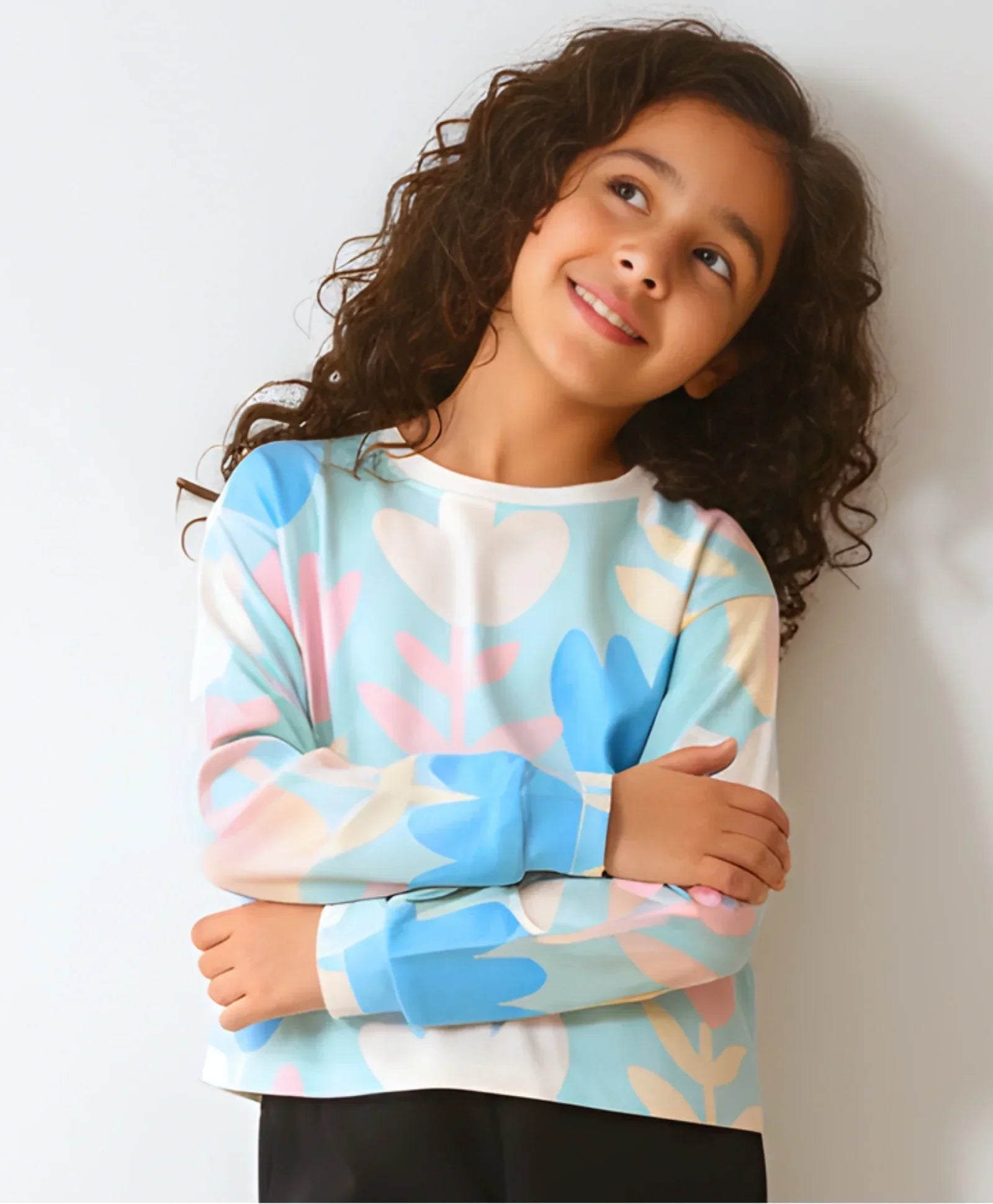 AQUA FLOWER LONG SLEEVE GIRLS T-SHIRT - AQUA