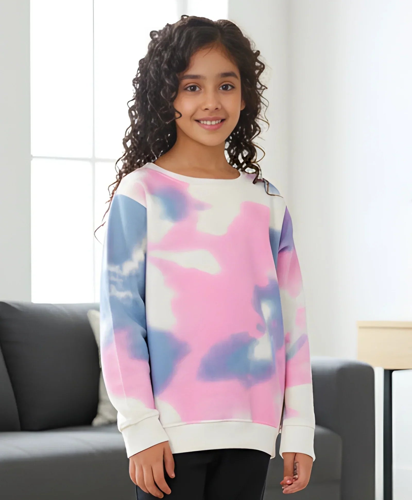 BLUE PINK TIE DYE GIRLS FLEECE SWEATSHIRT - WHITE
