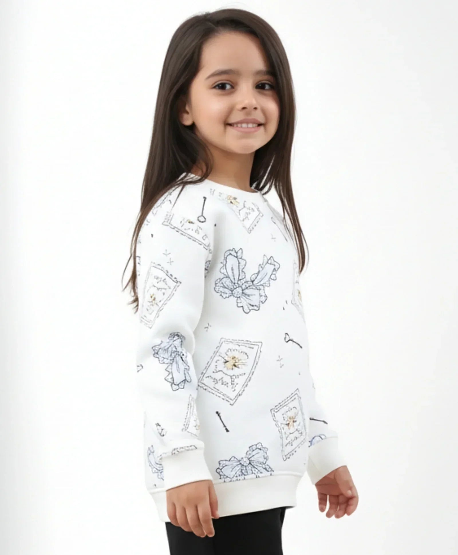 BOW KEY CAT GIRLS FLEECE SWEATSHIRT - WHITE