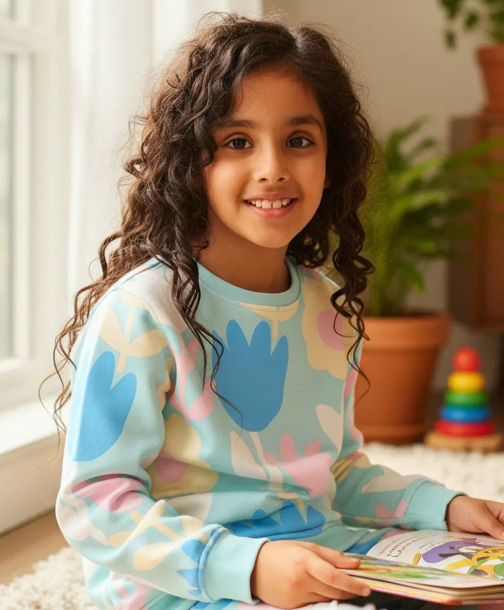 AQUA FLOWER GIRLS FLEECE SWEATSHIRT - AQUA