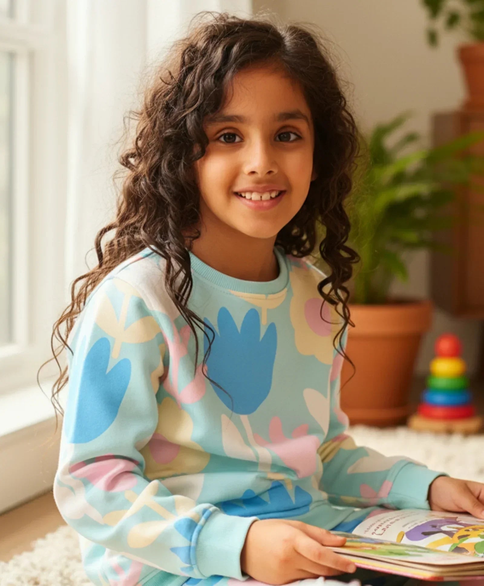AQUA FLOWER GIRLS FLEECE SWEATSHIRT - AQUA