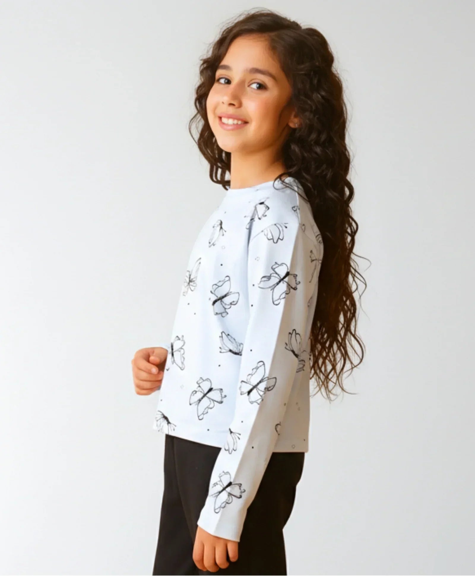 BLUE BUTTERFLY LONG SLEEVE GIRLS T-SHIRT - BLUE