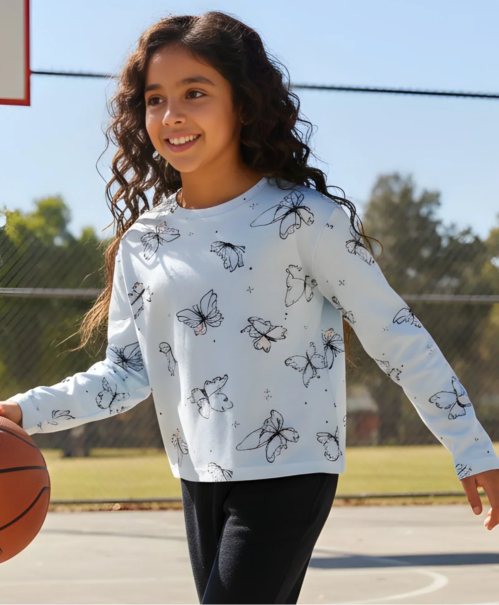BLUE BUTTERFLY LONG SLEEVE GIRLS T-SHIRT - BLUE