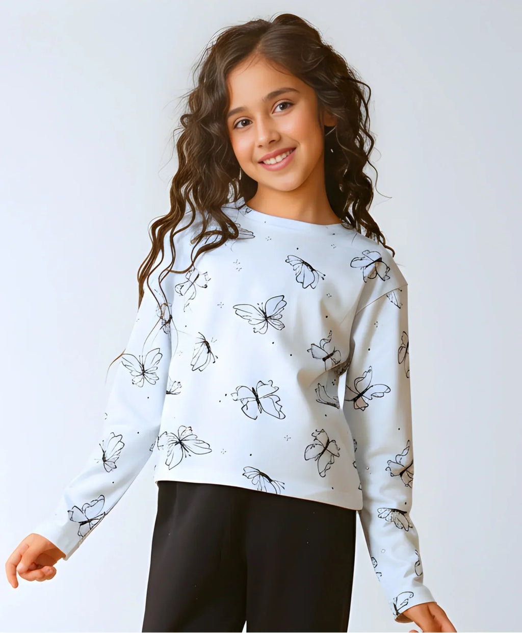 BLUE BUTTERFLY LONG SLEEVE GIRLS T-SHIRT - BLUE