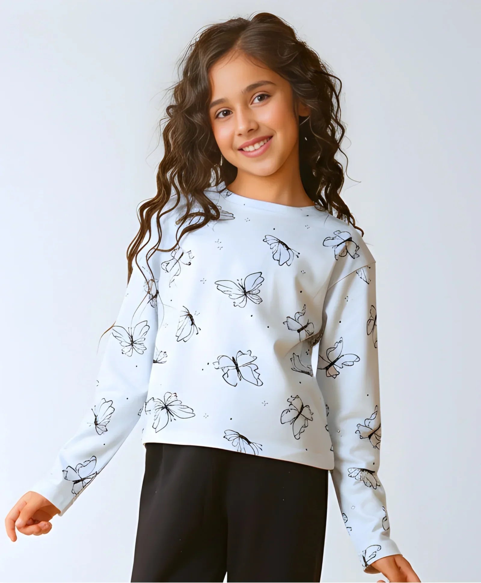 BLUE BUTTERFLY LONG SLEEVE GIRLS T-SHIRT - BLUE