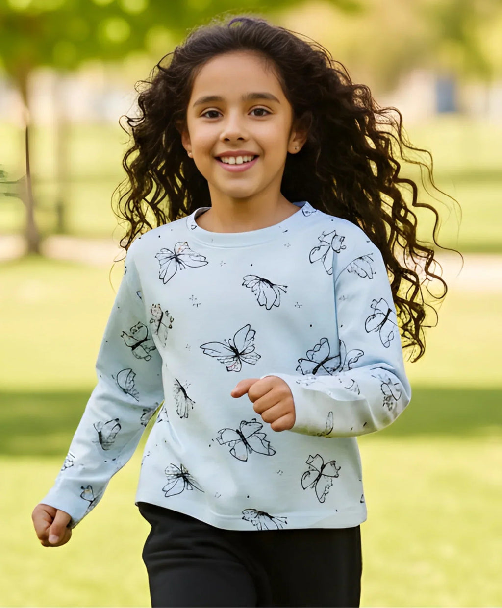 BLUE BUTTERFLY LONG SLEEVE GIRLS T-SHIRT - BLUE