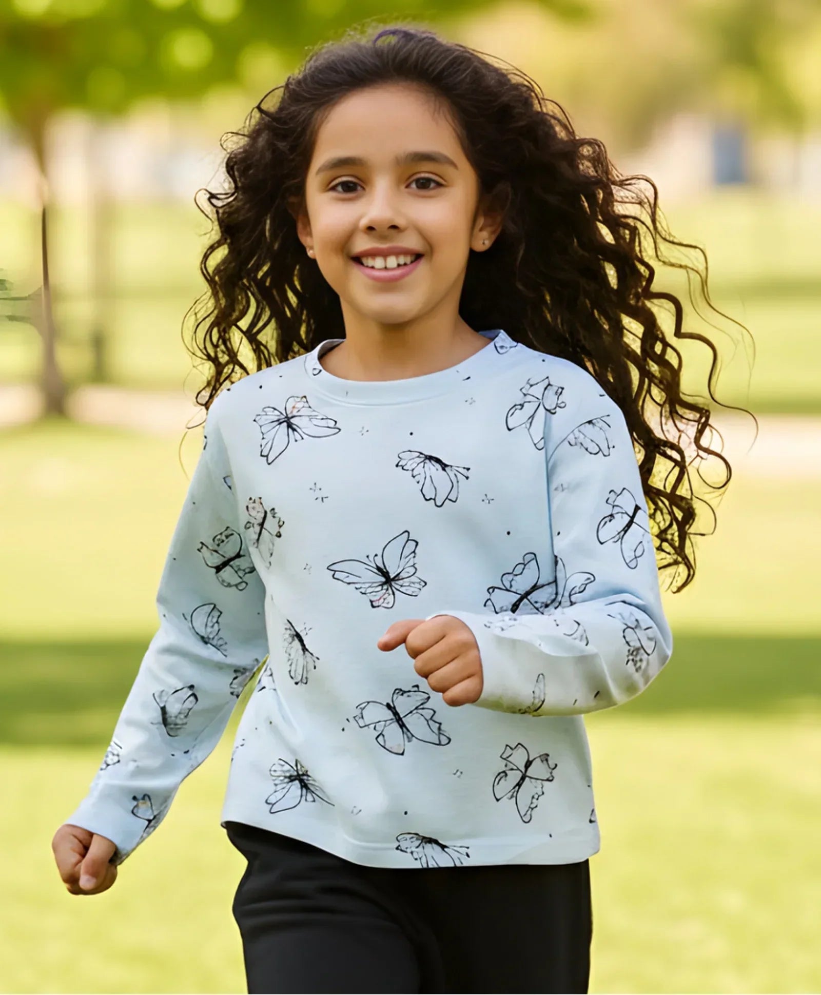 BLUE BUTTERFLY LONG SLEEVE GIRLS T-SHIRT - BLUE