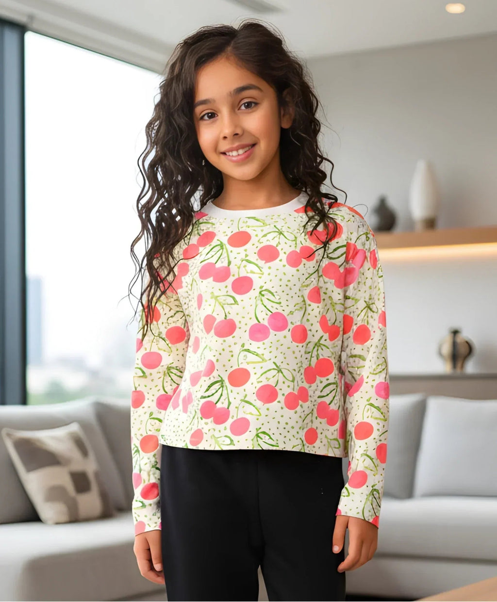 DOTTED CHERRY LONG SLEEVE GIRLS T-SHIRT - OFF WHITE
