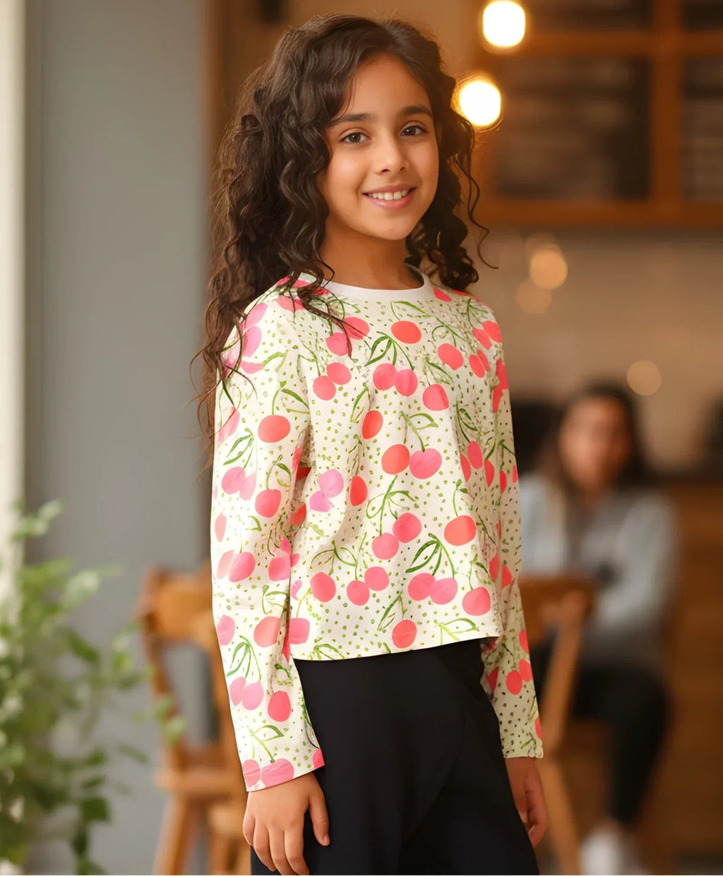DOTTED CHERRY LONG SLEEVE GIRLS T-SHIRT - OFF WHITE