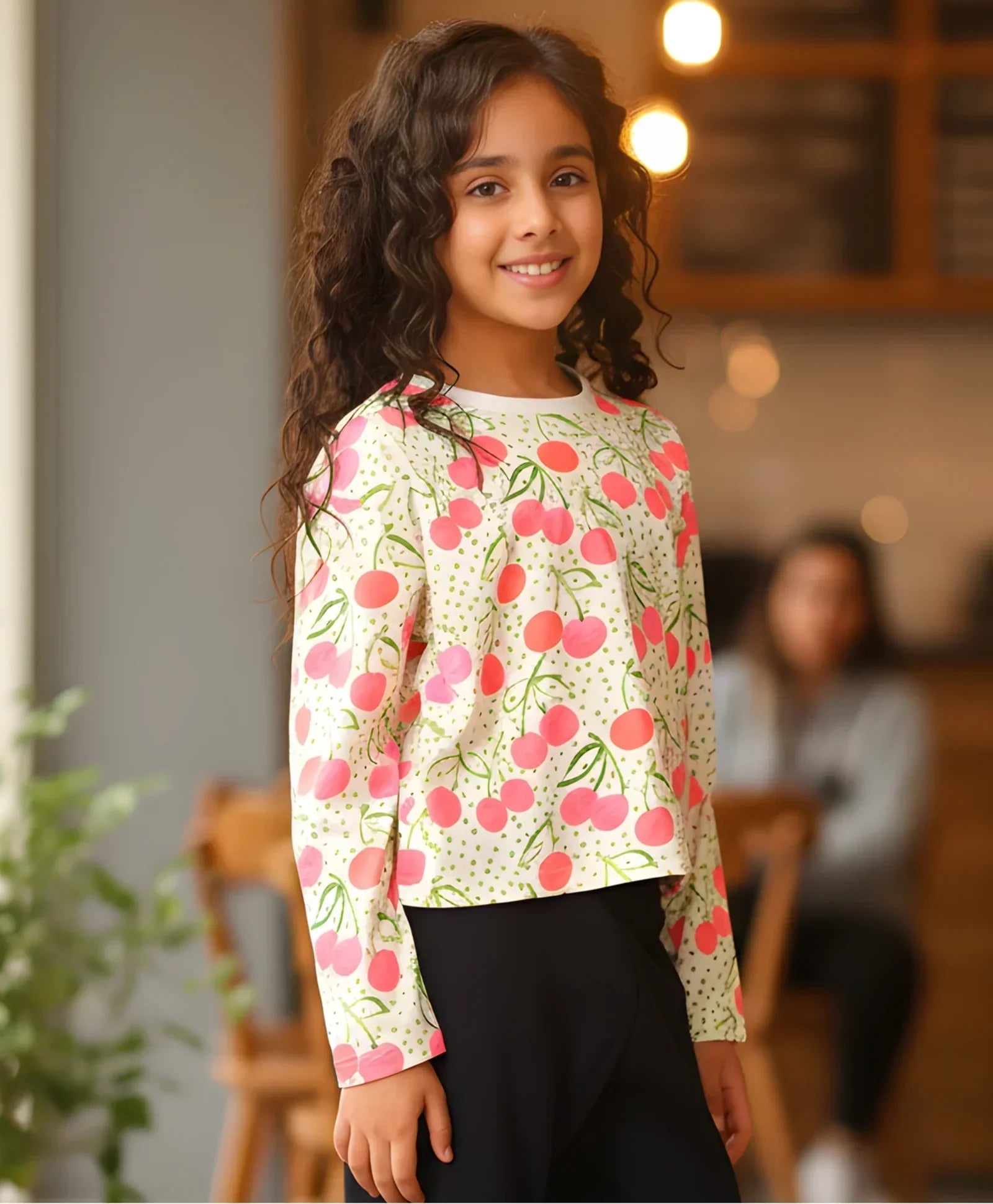 DOTTED CHERRY LONG SLEEVE GIRLS T-SHIRT - OFF WHITE