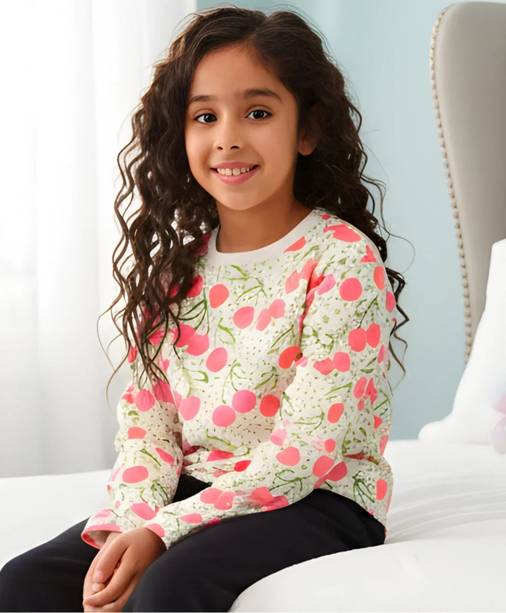 DOTTED CHERRY LONG SLEEVE GIRLS T-SHIRT - OFF WHITE