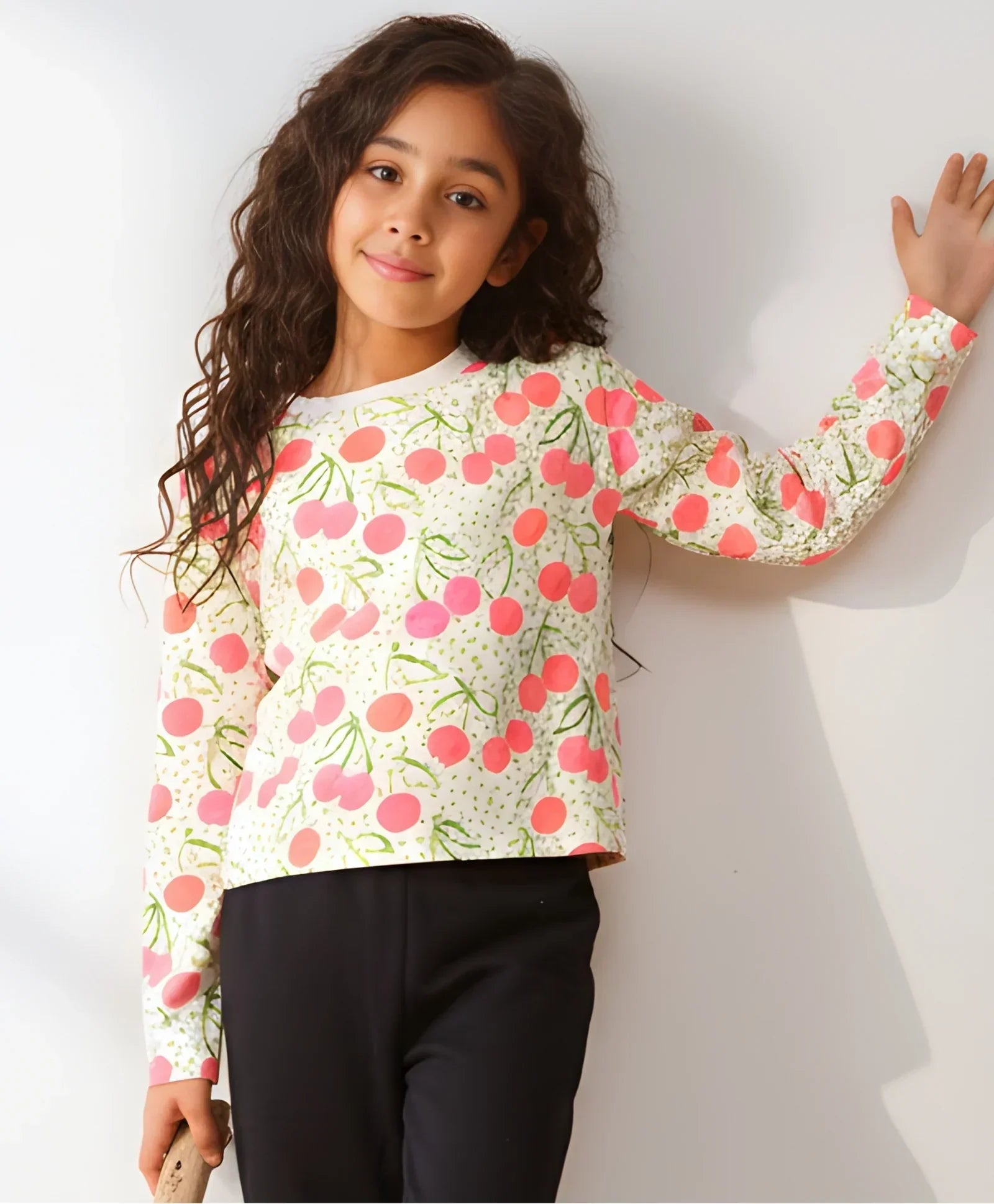DOTTED CHERRY LONG SLEEVE GIRLS T-SHIRT - OFF WHITE