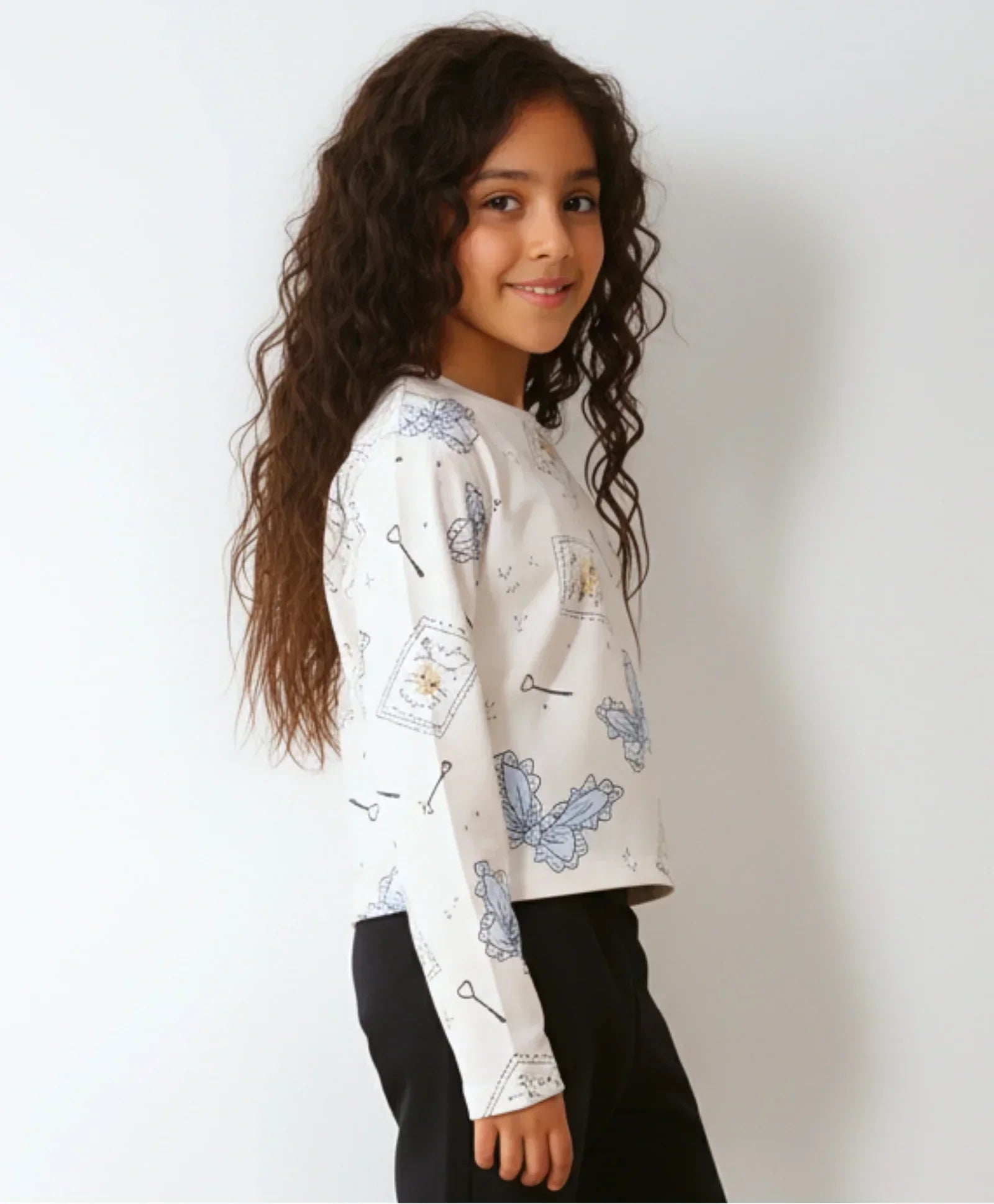 BOW KEY CAT LONG SLEEVE GIRLS T-SHIRT - WHITE