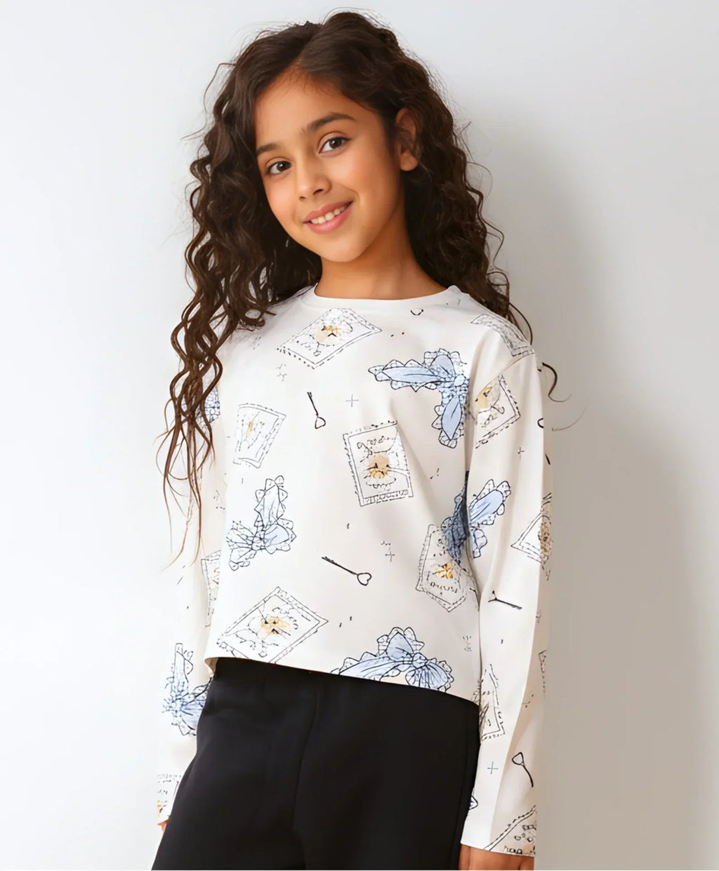 BOW KEY CAT LONG SLEEVE GIRLS T-SHIRT - WHITE