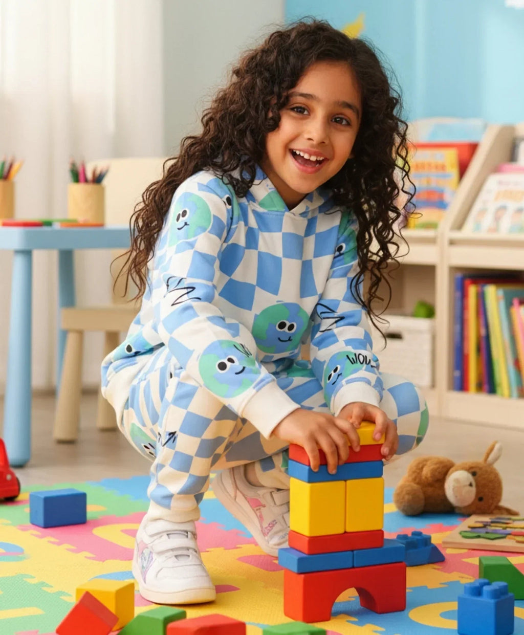 GLOBE CHECK GIRLS FLEECE HOODIE JOGGER SET - BLUE