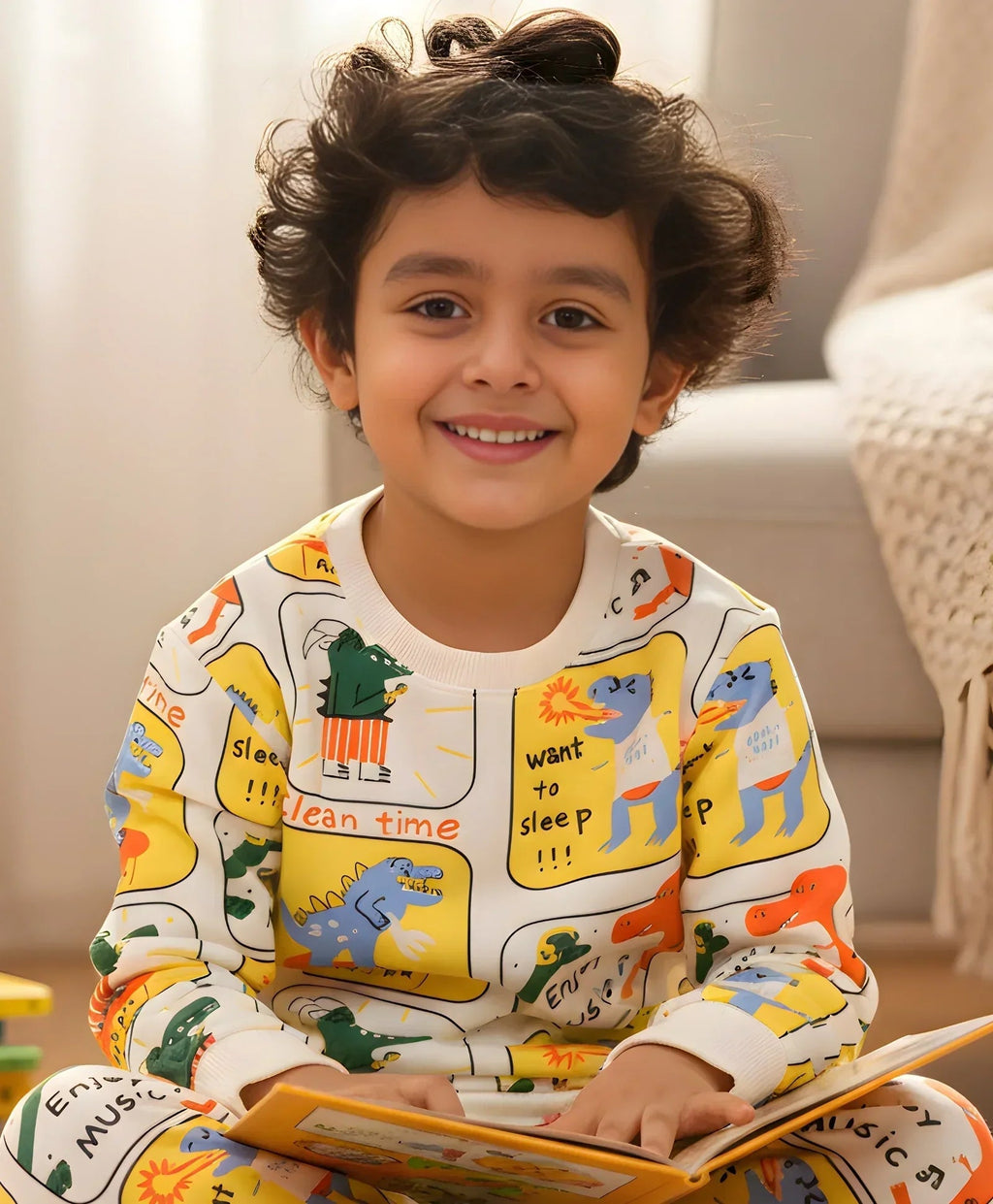 DINOSAUR STAMP FLEECE BOYS SWEATSHIRT - WHITE