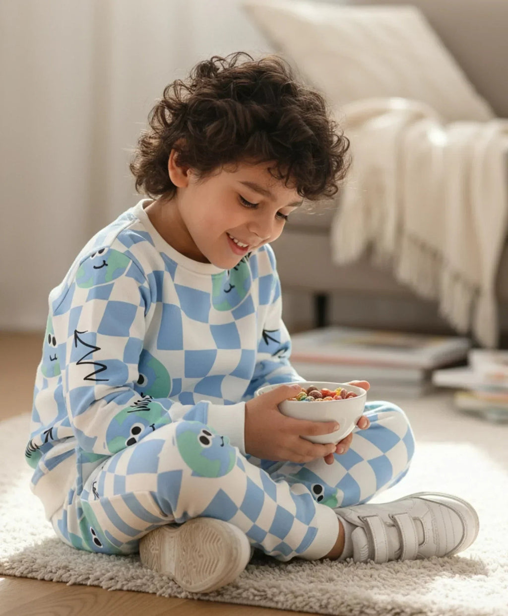 GLOBE CHECK FLEECE BOYS SWEATSHIRT JOGGER SET - OFF WHITE