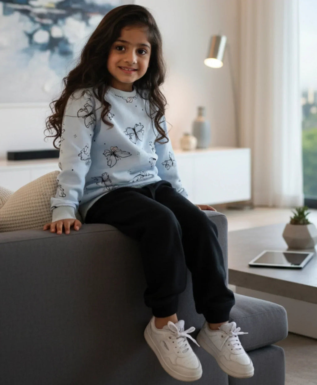 BUTTERFLY BLUE GIRLS FLEECE BLACK JOGGER SET - BLUE/BLACK