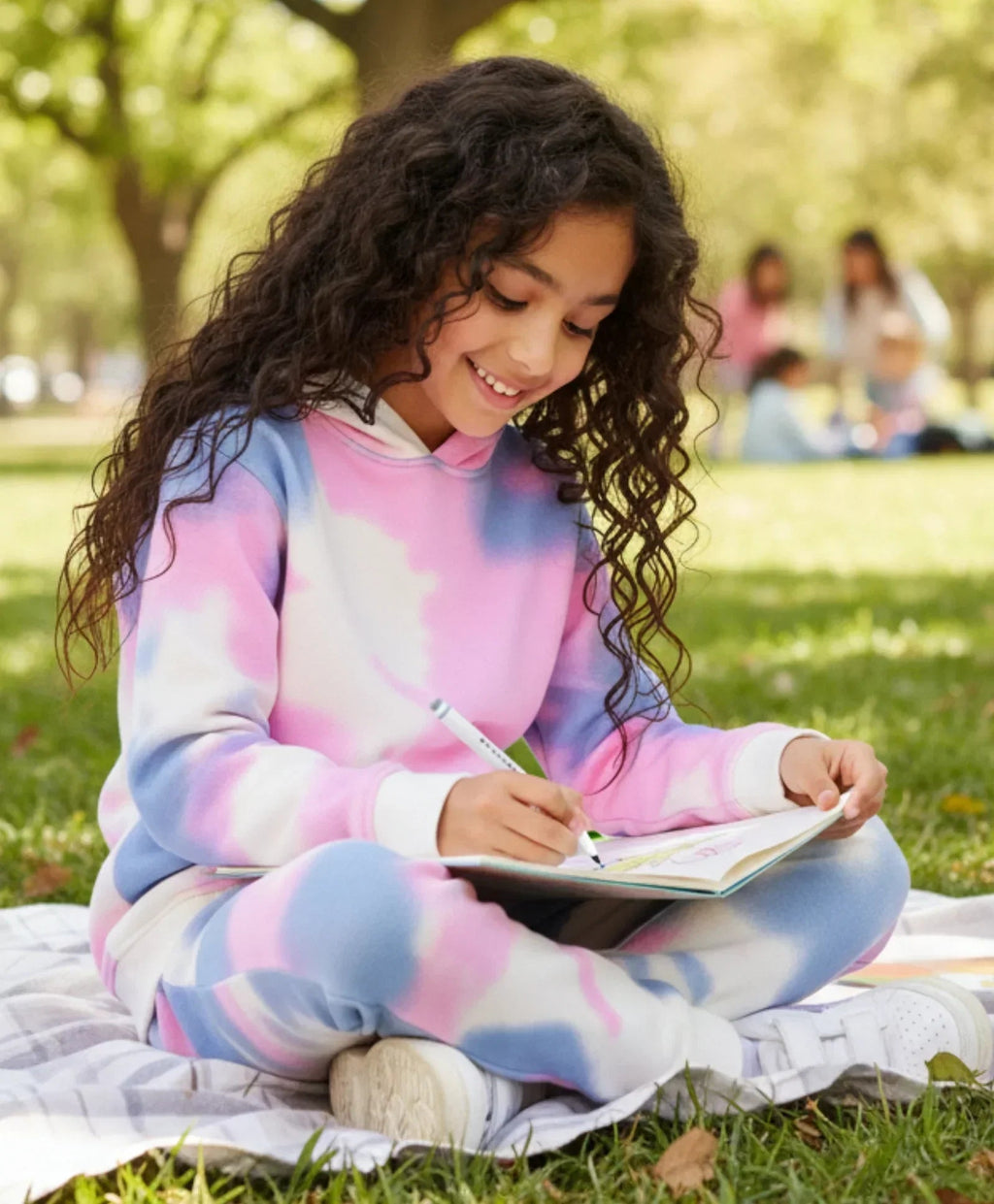 BLUE PINK TIE DYE GIRLS FLEECE HOODIE JOGGER SET - WHITE