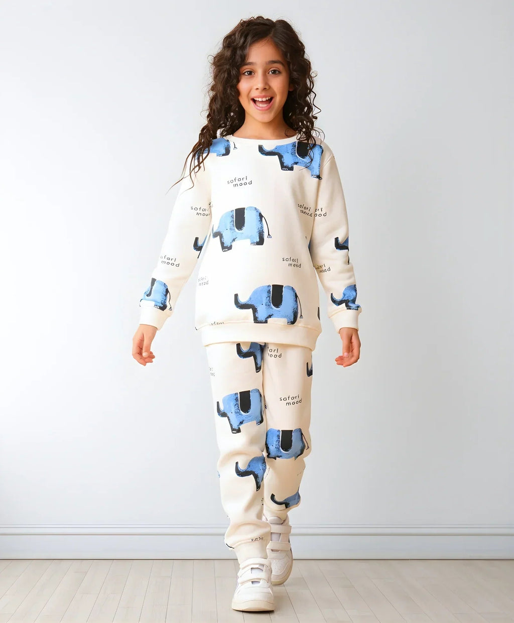 ELEPHANT SAFARI GIRLS FLEECE SWEATSHIRT JOGGER SET - WHITE