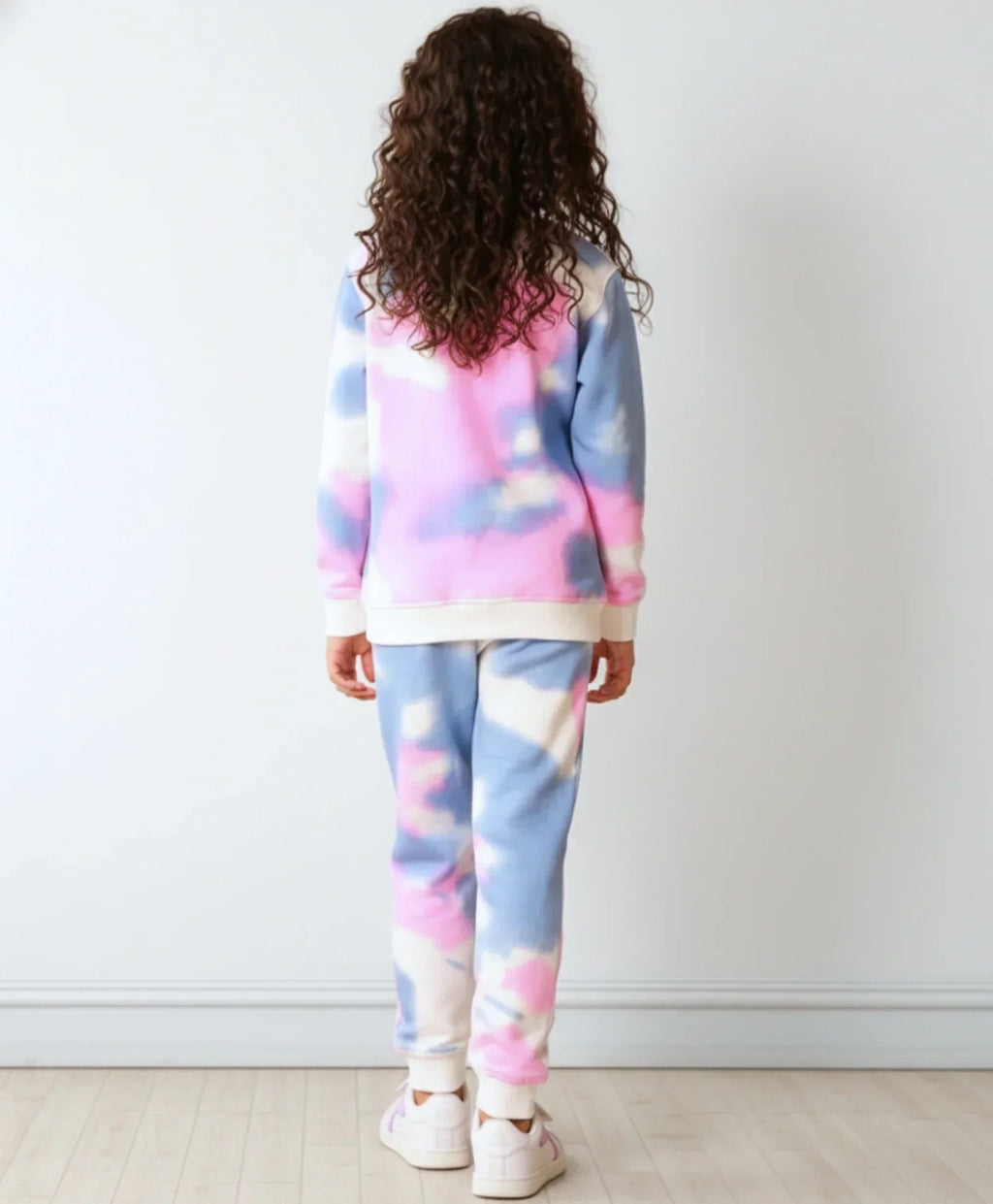 BLUE PINK TIE DYE GIRLS FLEECE SWEATSHIRT JOGGER SET - WHITE