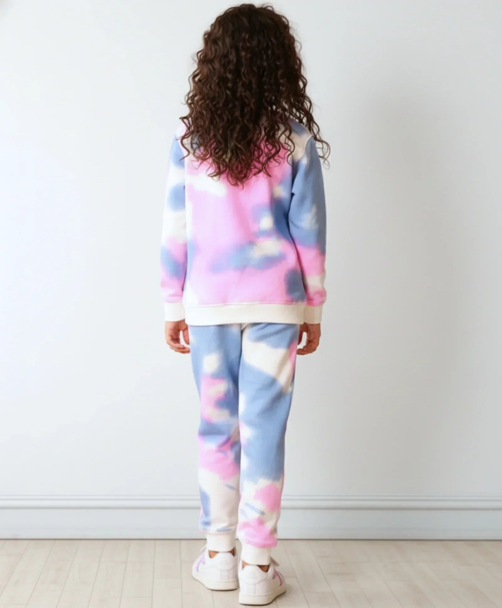 BLUE PINK TIE DYE GIRLS FLEECE SWEATSHIRT JOGGER SET - WHITE