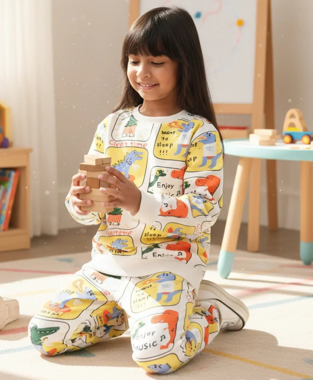 DINOSAUR STAMP FLEECE GIRLS SWEATSHIRT JOGGER SET - OFF WHITE