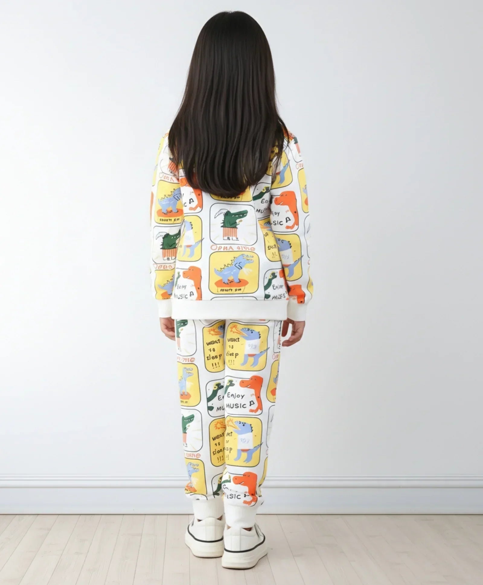 DINOSAUR STAMP FLEECE GIRLS SWEATSHIRT JOGGER SET - OFF WHITE