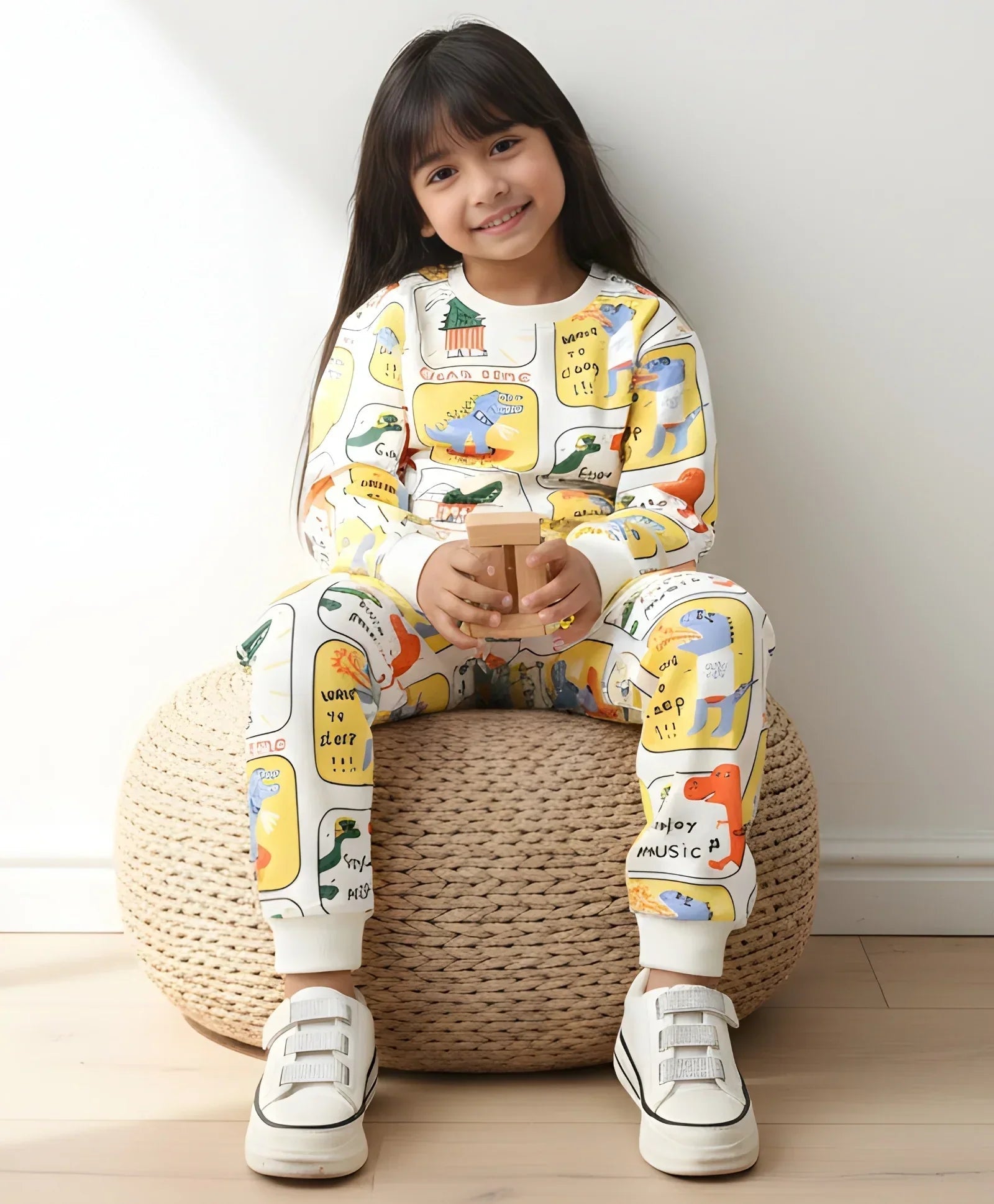 DINOSAUR STAMP FLEECE GIRLS SWEATSHIRT JOGGER SET - OFF WHITE