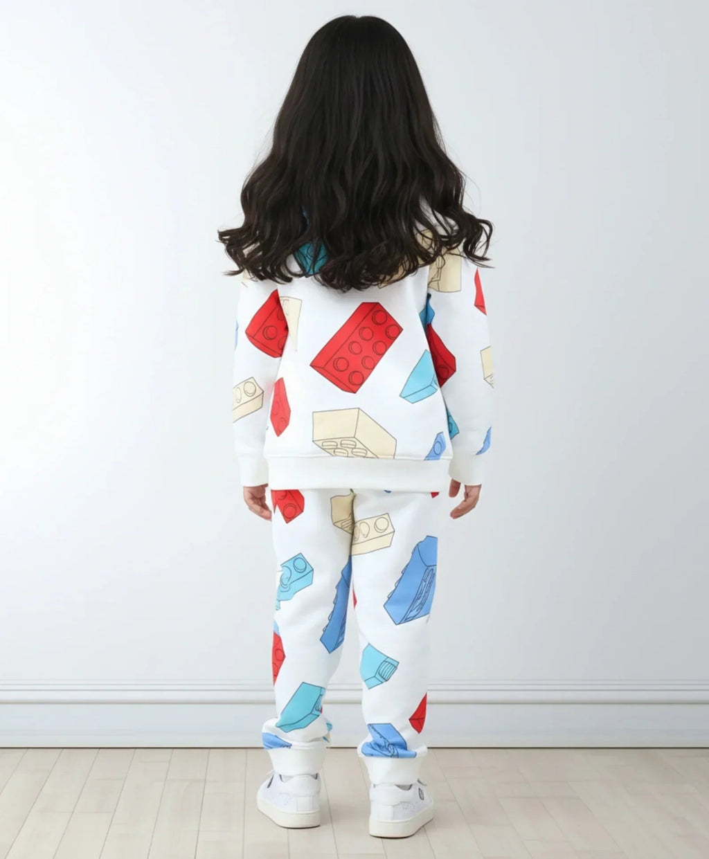 BLOCK BUILDER FLEECE GIRLS SWEATSHIRT JOGGER SET - OFF WHITE