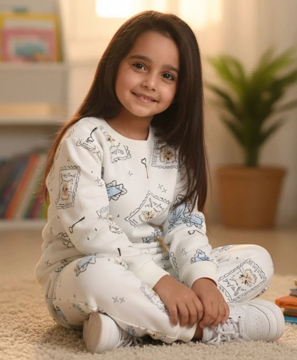 BOW KEY CAT GIRLS FLEECE SWEATSHIRT JOGGER SET - WHITE