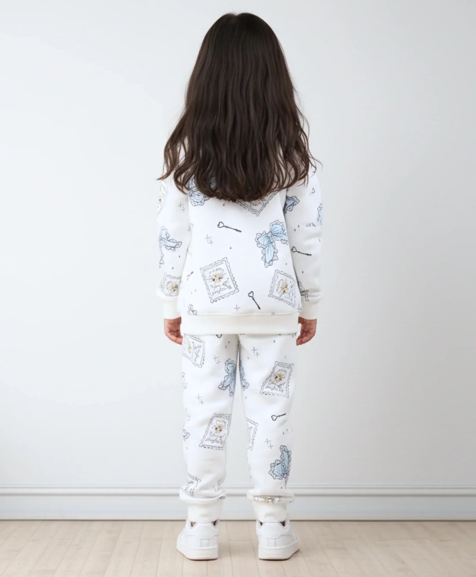 BOW KEY CAT GIRLS FLEECE SWEATSHIRT JOGGER SET - WHITE