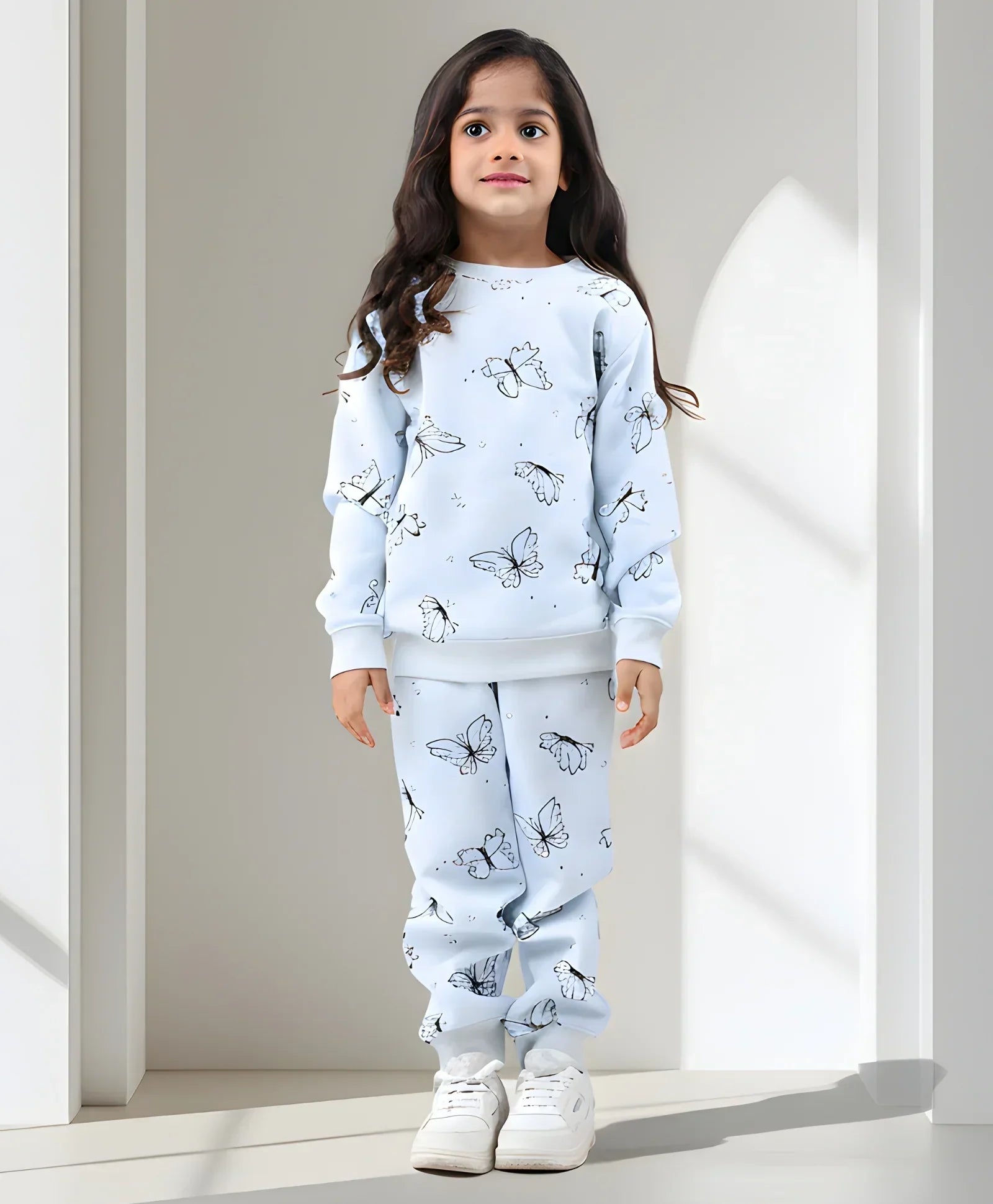 BUTTERFLY BLUE FLEECE GIRLS SWEATSHIRT JOGGER SET - BLUE