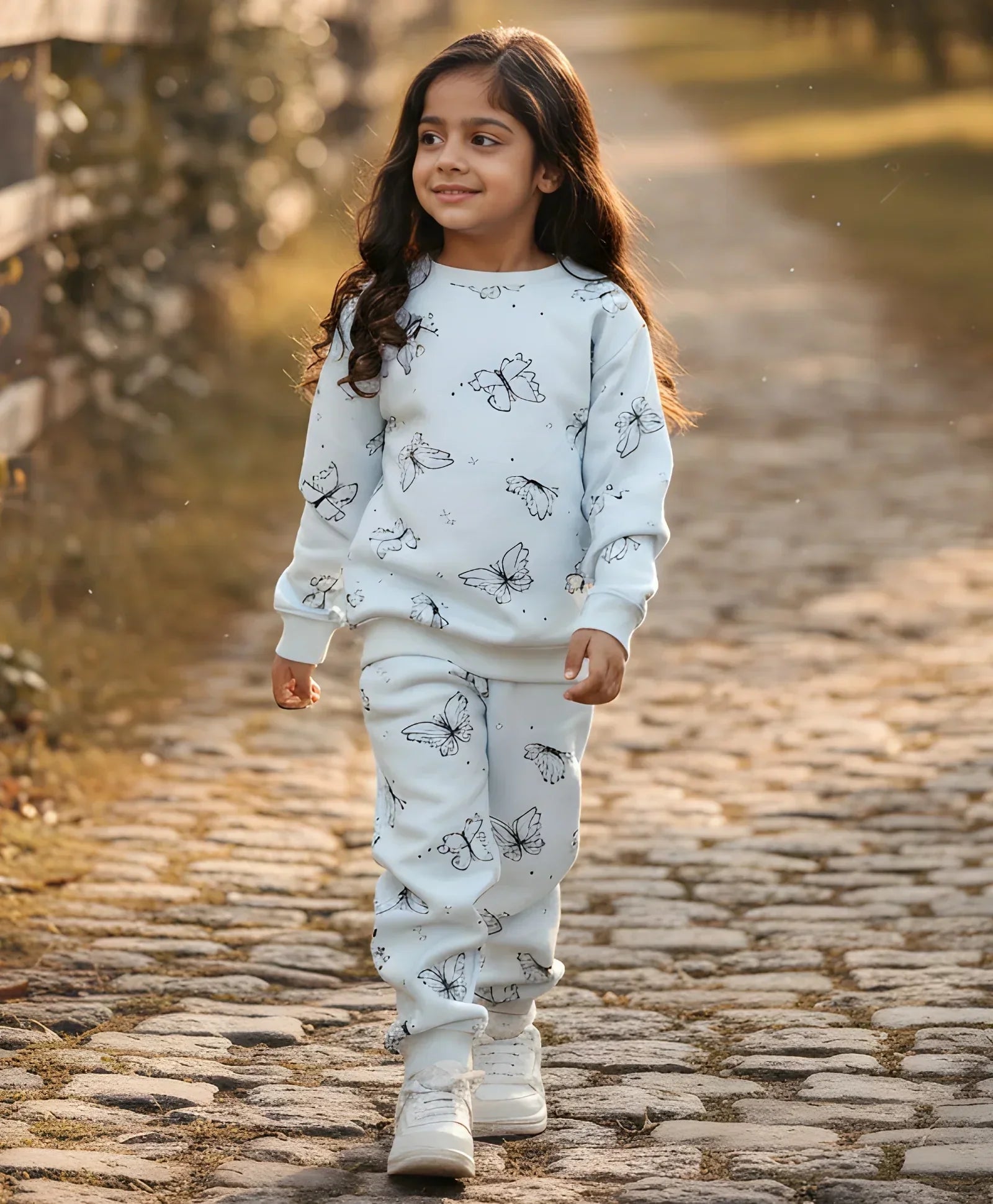 BUTTERFLY BLUE FLEECE GIRLS SWEATSHIRT JOGGER SET - BLUE